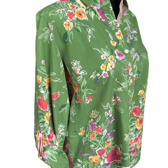 Jones New York Green Floral Medium Long Rolltab Sleeve Button Shirt - Picture 2 of 6